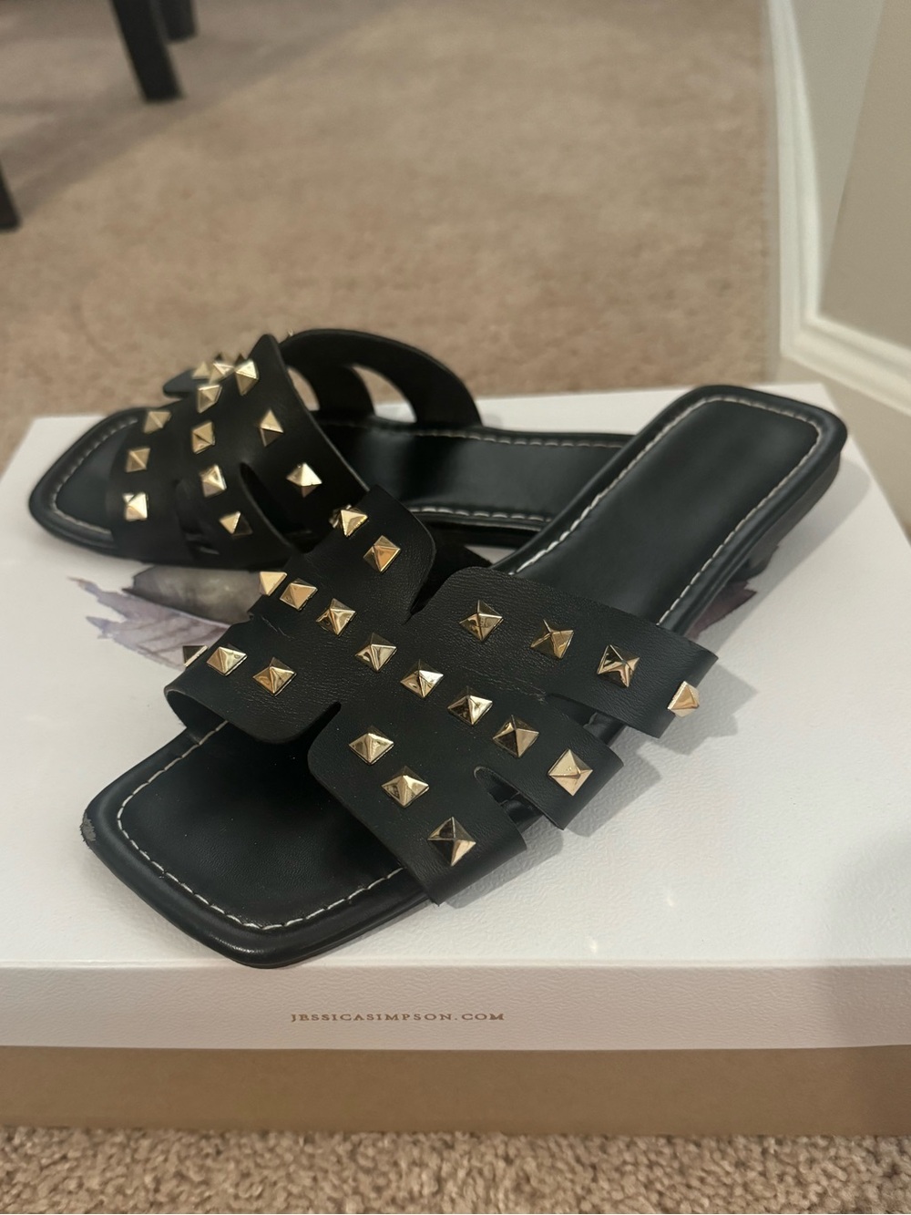Black Gold Studded Slide Sandals - Jessica Simpson